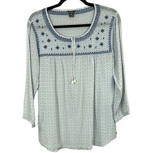 Eddie Bauer Blue and White Embellished Blouse with Bib Collar Size M